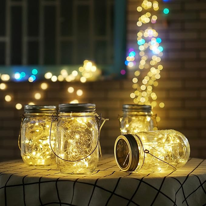 Solar Mason Jar Lid Lights, 8 Pack 20 LED Waterproof Fairy Star Firefly String Lights with (8 Hangers Included,Jars Not Included), for Mason Jar Table Garden Wedding Party Decor (Warm White)