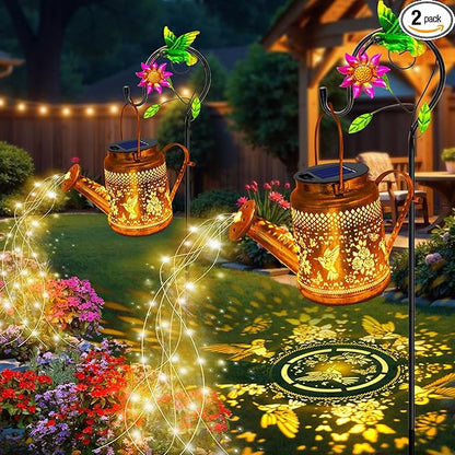 2 Pack Solar Lanterns Outdoor Waterproof,Hummingbird Watering Can Garden Decor,Hanging Solar Path Lights Yard Art,Outside Patio Decorations Gardening Christmas Gifts for Mom Grandma Women (Warm White)