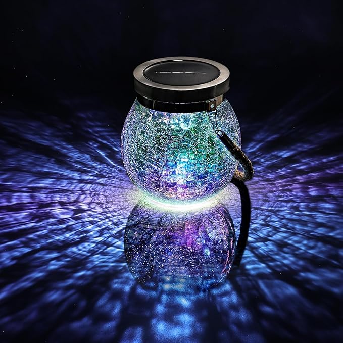 Cooo Gift for her him 2 Pack Solar Lanterns Waterproof Outdoor Iridescent Heavy Crackle Glass a Big LED Stainless Steel Lid 215% Solar for Women Mom Grandma Outdoor Table Lamps Garden Backyard Decor