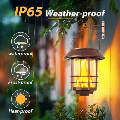 Otdair Solar Lanterns Outdoor Waterproof, 2 Pack Flickering Flames Wall Garden Decor with Glass Shade, Hanging Solar Lights Wall Mount Decorations for Halloween, Front Porch, Patio, Yard, Bronze