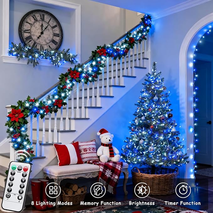 JMEXSUSS 2 Pack Blue and White Battery String Lights, Each 33ft 100 LED Battery Powered Christmas Lights with Remote for Outside Party Birthday