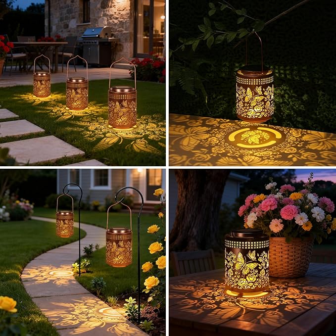 Solar Lanterns Outdoor Waterproof Butterfly Garden Decor Gifts for Women Mom Grandma, Hanging Solar Lights Metal Garden Decoration Outside for Yard, Patio, Backyard, Porch for Gift Card Box Packaging