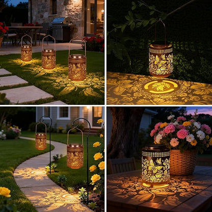 Solar Lanterns Outdoor Waterproof Butterfly Garden Decor Gifts for Women Mom Grandma, Hanging Solar Lights Metal Garden Decoration Outside for Yard, Patio, Backyard, Porch for Gift Card Box Packaging