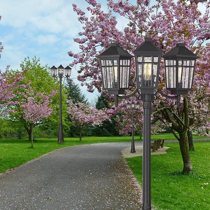 Darkaway Outdoor Post Light,3-Head Outdoor Street Light Pole Lamp Posts Road Lighting Waterproof Aluminum with Glass Outside Lighting Fixture for Backyard Garden Patio Pathway