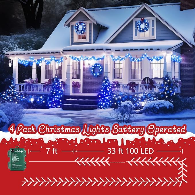 4-Pack 132ft Christmas LED String Lights, Waterproof Timer Lights