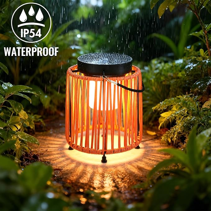 Solar Lanterns Outdoor Waterproof IP54, Handwoven Wicker Outdoor Table Lamps Portable Rechargeable with 30H+ Runtime, Dual USB-C/Solar Charging, 3 Brightness Levels, Orange