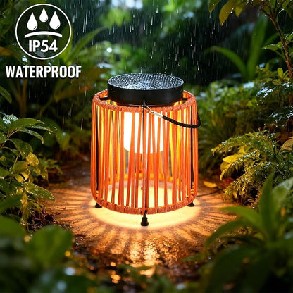 Solar Lanterns Outdoor Waterproof IP54, Handwoven Wicker Outdoor Table Lamps Portable Rechargeable with 30H+ Runtime, Dual USB-C/Solar Charging, 3 Brightness Levels, Orange