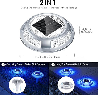 Solar Driveway Lights, 8 Pack Heavy Duty Driveway Lights Solar Powered 2 Color Mode (Cool White/Blue) IP68 Waterproof Outdoor Solar Deck Lights with Ground Stake for Pathway Garden Yard Walkway Dock