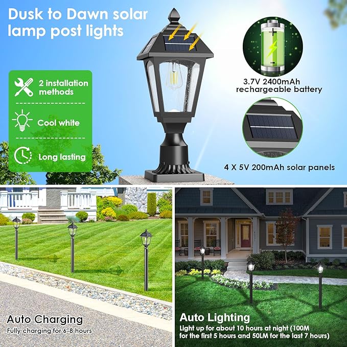 Solar Post Lights Outdoor, Aluminium Solar Lamp Post Light with Pier Mount Base, Outside Decor for Yard Garden Pole Pillar, 100 Lumens (Cool White) ﻿