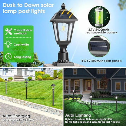 Solar Post Lights Outdoor, Aluminium Solar Lamp Post Light with Pier Mount Base, Outside Decor for Yard Garden Pole Pillar, 100 Lumens (Cool White) ﻿