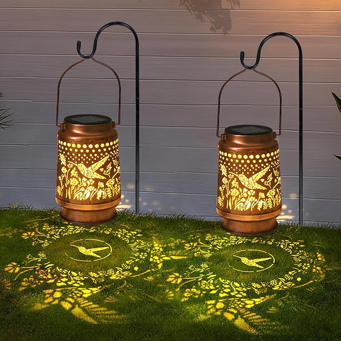 Hummingbird Solar Hanging Lanterns, Rustic Yard Decor