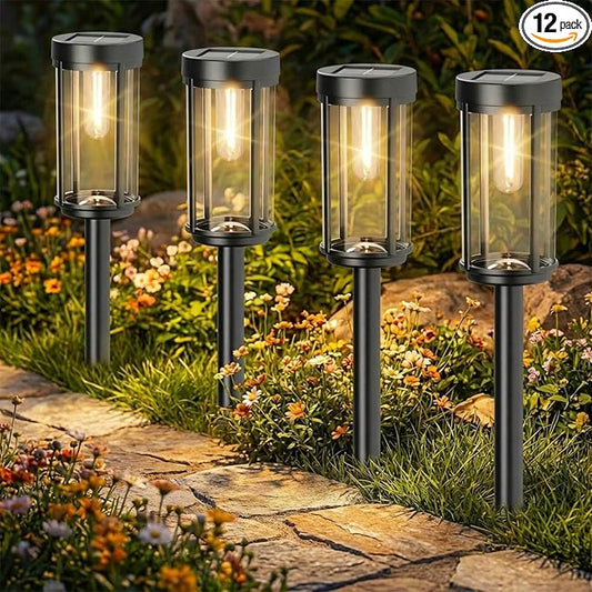 Sparkblaze 12 Pack Solar Pathway Lights Outdoor, Modern Classic Solar Garden Lights, Auto On/Off Landscape Lighting for Yard, Lawn, Patio, Walkway, Waterproof Solar Stake Lights. (12, Warm White)