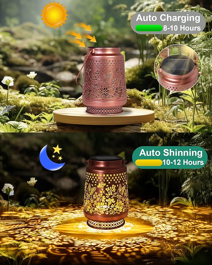 2 Pack Hummingbird Solar Lanterns Outdoor Waterproof, Garden Decor Birthday Gifts for Women Mom Grandma Sister, Metal Hanging Solar Lights Outside Decorative for Backyard Patio Lawn Pathway Landscape