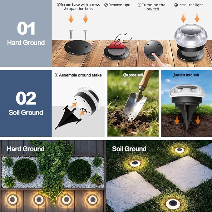 Solar Ground Lights 8 Pack Landscape Lighting 3000K Solar Lights Outdoor IP67 Waterproof Solar Garden Lights for House Patio Pathway Lawn Yard Deck Driveway Walkway Path Lighting （Warm White）