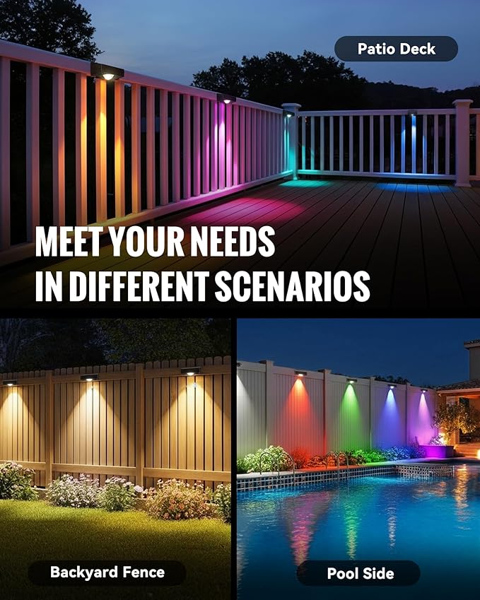 Solar Fence Lights Outdoor, 10 RGB Color & 3 Light Mode Fence Lights Solar Powered for Outside Backyard, Railing, Step, Patio, Fence Post, Home Improvement Garden Decor, 12 Pack