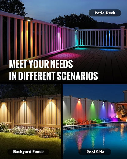 Solar Fence Lights Outdoor, 10 RGB Color & 3 Light Mode Fence Lights Solar Powered for Outside Backyard, Railing, Step, Patio, Fence Post, Home Improvement Garden Decor, 12 Pack