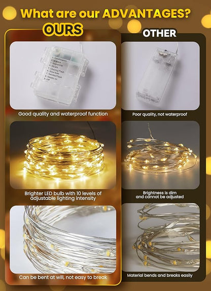 Fairy Lights Battery Operated, 33FT 100LED Waterproof Lights Long Lasting Silver Wire Starry Fairy String Lights for Bedroom, Dorm, Christmas, Tree, Wedding, Mason Jar, Holiday Decor