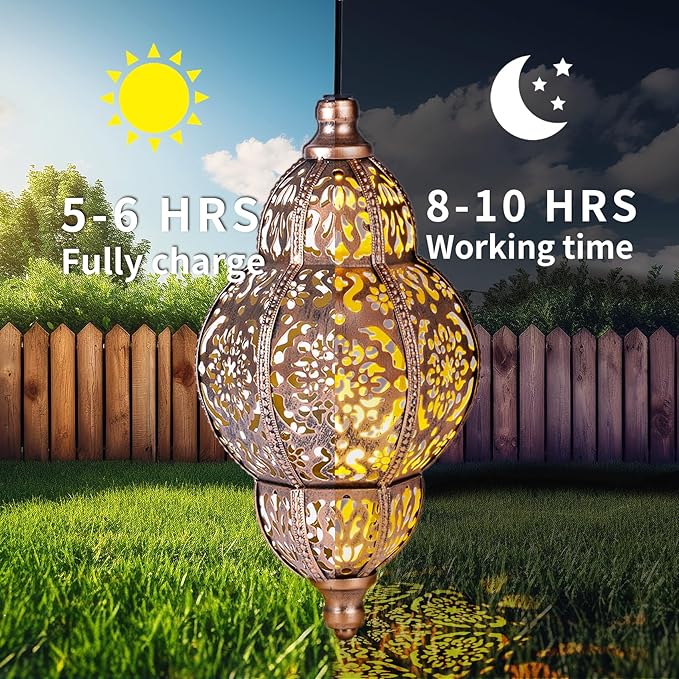 Hanging Solar Lanterns,Outdoor Garden Decor Solar Lantern Metal Moroccan Yard Art Gardening Decorative,Outside Hanging Lights Christmas Decorations for Gazebo Patio Chandelier Garden Gift