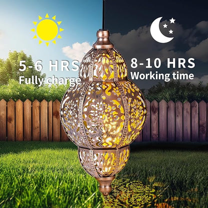 Hanging Solar Lanterns,Outdoor Garden Decor Solar Lantern Metal Moroccan Yard Art Gardening Decorative,Outside Hanging Lights Christmas Decorations for Gazebo Patio Chandelier Garden Gift