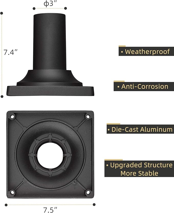 Heavy Duty Post Light Adapter, HWH Cast Aluminum Pier Mount Base 3'', Sand Black, 5HW38PA BK