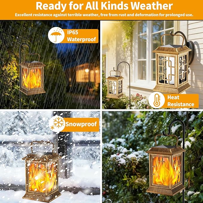 Flickering Solar Lantern Outdoor, Waterproof Hanging Flame Solar Powered Lantern for Pathway, Tabletop, Patio, Garden Decoratives (Bronze)