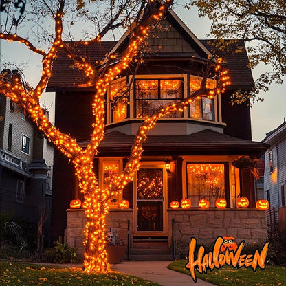 JMEXSUSS 33ft 100 LED Orange Christmas Lights, Battery Operated Christmas Lights, Orange String Lights with Remote Indoor Outdoor Waterproof for Fall Xmas Decorations (Pack of 2)