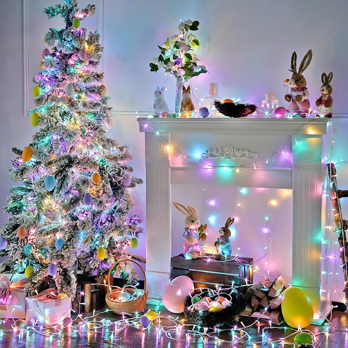 JMEXSUSS 4 Pack 50 LED Battery Operated String Lights Easter, Each 16.5ft String Lights Outdoor Waterproof, 8 Modes Pastel Easter Light Indoor with Timer for Party Christmas Garden Bedroom