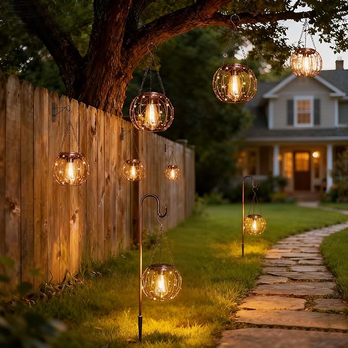 Hanging Solar Lanterns, Solar Lights Outdoor Waterpoof, Solar Chandelier with Warm White Led Bulb, Beaded Copper Wire Ball Shade Patio Garden Decor Lights for Tree Yard Pathway Wall Eave Pergola-2Pack