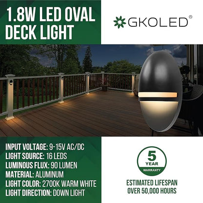 GKOLED 2-Pack Low Voltage LED Post Light, Outdoor Waterproof Landscape Deck Lights with 2W Integrated LED Chips, 9-15V AC/DC, 2700K, Die-cast Aluminum, Matte Black Powder Coated Finish