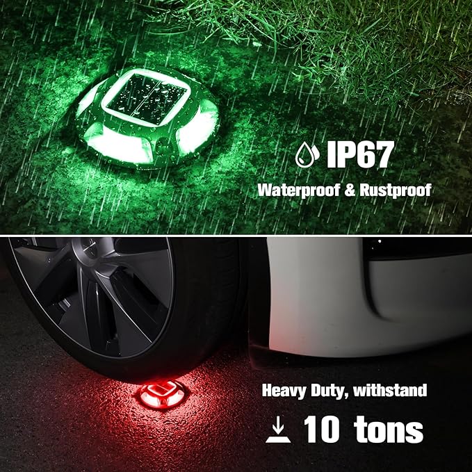 VOLISUN Christmas Solar Driveway Lights Dock Marine Lights 4 Pack,2 Colors in 1,Outdoor LED Deck Lights,Solar Powered Waterproof Warning Step Lights for Driveway Sidewalk Pathway (Red/Green)