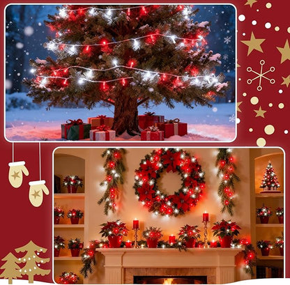 Red and White Christmas Lights Outdoor Battery Operated, Chrristmas String Lights with Timer Waterproof Clear Wire for Indoor & Outdoor Christmas Decorations Garland Party Garden