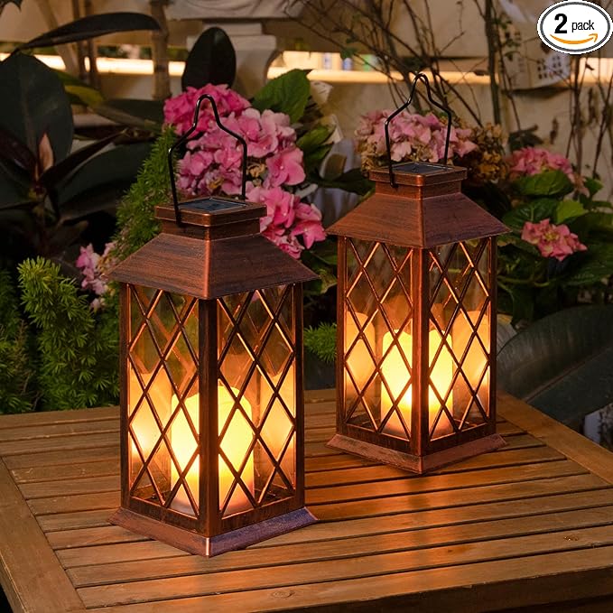 2Pack 10" Solar Outdoor Lanterns Waterproof Garden Gifts Women, Halloween Flickering Flameless Candle Mission Lights for Patio, Outdoor, Party, Yard, Lawn, Mothers' Day Gifts for Mom (Antique Copper)