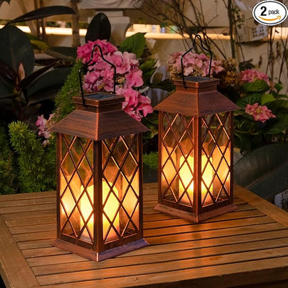 2Pack 10" Solar Outdoor Lanterns Waterproof Garden Gifts Women, Halloween Flickering Flameless Candle Mission Lights for Patio, Outdoor, Party, Yard, Lawn, Mothers' Day Gifts for Mom (Antique Copper)