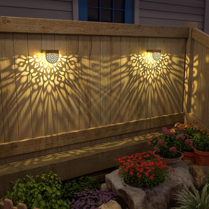 Solar Fence Lights 6 Pack Solar Step Lights Outdoor Waterproof LED Solar Powered Wall Lights Outdoor Decorations Warm Yellow Light Decorative Lighting for, Front Door, Backyard (Gold)