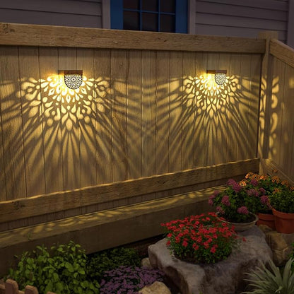 Solar Fence Lights 6 Pack Solar Step Lights Outdoor Waterproof LED Solar Powered Wall Lights Outdoor Decorations Warm Yellow Light Decorative Lighting for, Front Door, Backyard (Gold)