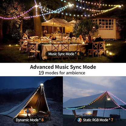 2-Pack Camping String Lights, 3 in 1 Upgraded Retractable RGB Outdoor String Lights with 19 Lighting Modes, Quick 30s Recovery, 32.8 FT Portable Tent Light, Rechargeable Camping Lantern (White)