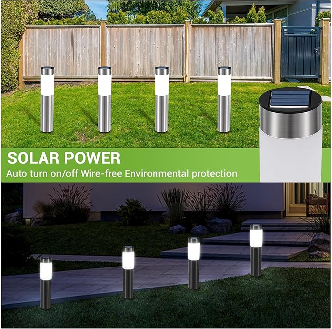 8 Pack Solar Pathway Lights Outdoor, Solar Walkway Lights with Polished Stainless Steel Layer, IP45 Waterproof Outdoor Solar Lights for Garden Yard Landscape Driveway Patio Deco