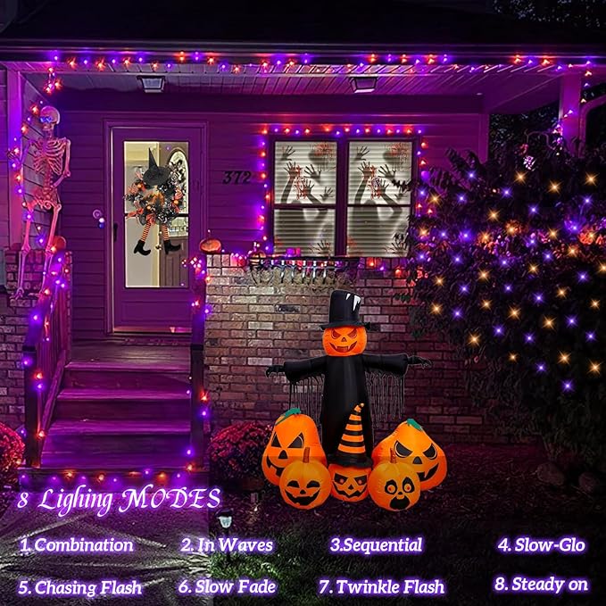 YEGUO Halloween Lights Battery Operated, 2 Pack Each 33ft 100 LED Orange and Purple String Lights Outdoor Waterproof, Green Wire Fairy Christmas Light Indoor with Remote
