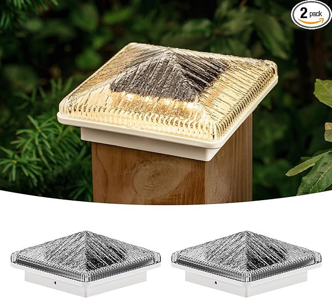 Glass Solar Post Cap Lights with Timber Style - Decorative Deck Fence Lights for 4x4 5x5 Posts Hidden Solar Panel, Modular Design, 10Hr Runtime, IP65, Warm White, White, 2 Pack