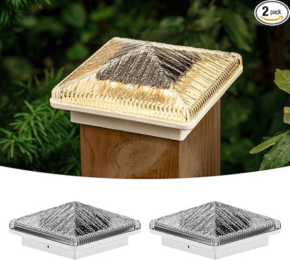 Glass Solar Post Cap Lights with Timber Style - Decorative Deck Fence Lights for 4x4 5x5 Posts Hidden Solar Panel, Modular Design, 10Hr Runtime, IP65, Warm White, White, 2 Pack