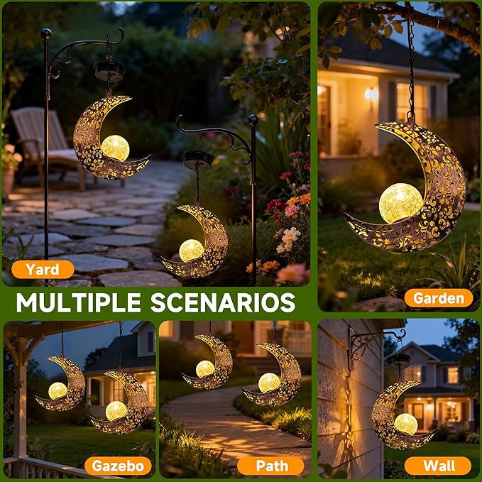 Hanging Solar Lights Outdoor Decor,Moon Garden Statues Decorative Waterproof Metal Figurines Lamp Outside Yard Decorations,Unique Ideas Birthday Gifts for Women Mom Mothers Day Fairy Accessories