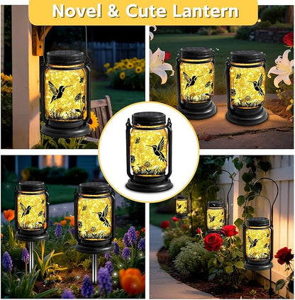 Hummingbird Solar Lanterns 3-in-1 Outdoor Waterproof - Birthday Gifts for Women Mom Christmas, Mason Jar Hanging Lanterns with Stake, Garden Decor Lights for Patio Yard Balcony Decorations, 2 Pack