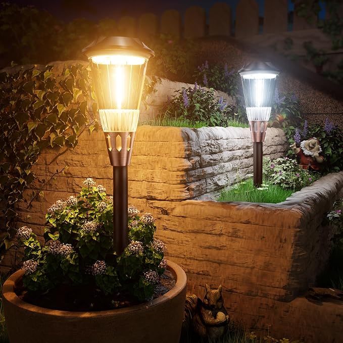 Bright Solar Lights Outdoor 6 Pack, 2-in-1 Warm&Cool Solar Pathway Lights Waterproof IP65, Auto On/Off Outdoor Light for Path Walkway Driveway Lawn