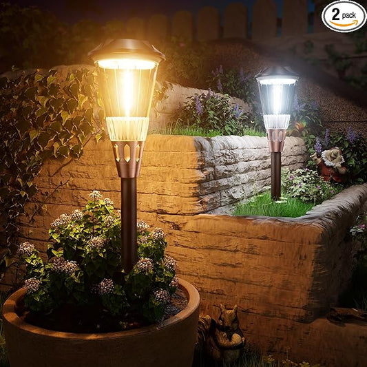 2-in-1 Warm&Cool Solar Pathway Lights Outdoor, 2 Pack Solar Garden Lights Waterproof IP65, Auto On/Off Outdoor Light for Yard Garden Walkway Landscape Lighting