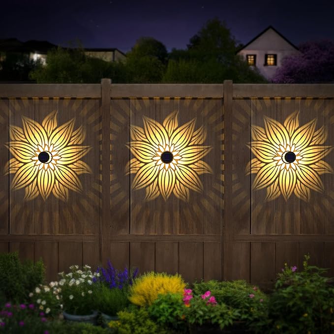 Solar Fence Lights 4 Pack Solar Deck Lamps Outdoor Decorations Powered Step Lights Wall Waterproof LED Warm Decorative Lighting for Garden (Flower, 4)