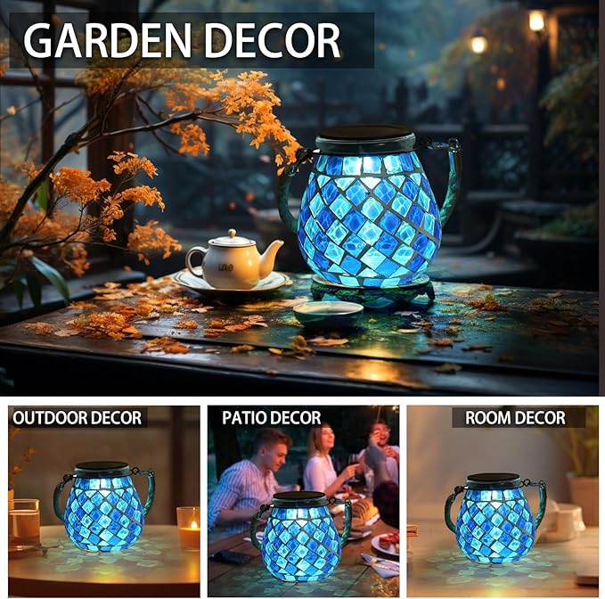 Mosaic Solar Lights Outdoor Lanterns, Decorative Mosaic Glass Solar Lamps Outdoor Waterproof, Hanging Lanterns Night Lights for Garden, Patio, Pathway & Yard Decor (Blue)