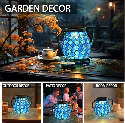 Mosaic Solar Lights Outdoor Lanterns, Decorative Mosaic Glass Solar Lamps Outdoor Waterproof, Hanging Lanterns Night Lights for Garden, Patio, Pathway & Yard Decor (Blue)
