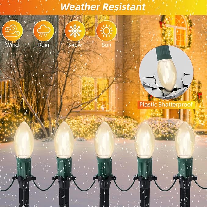 45Ft C9 Led Christmas Pathway Lights Outdoor, 30 Warm White Bulbs Waterproof Connectable Christmas Walkway Lights for Driveway, Yard, Lawn, Sidewalk Decorations