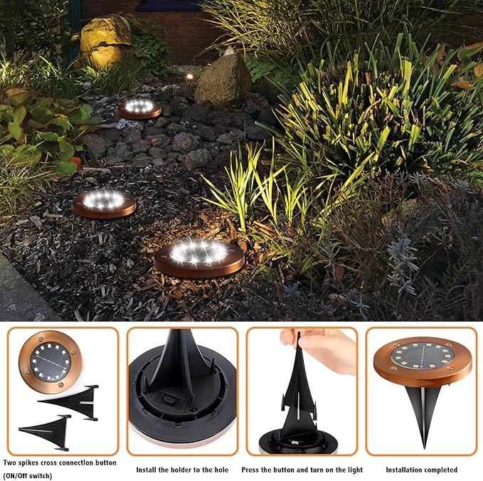 Outdoor In-Ground Lights Solar Disc Lights Outdoor Garden In Ground Landscape Light 4 Pack 12 led for Pathway Yard Patio Walkway