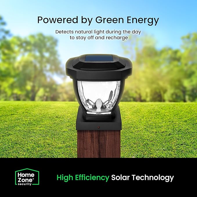 Home Zone Security Solar Post Cap Lights - Decorative Glass LED Outdoor Fits 3.5 x 3.5 in. Post Lights, Black (2-Pack)
